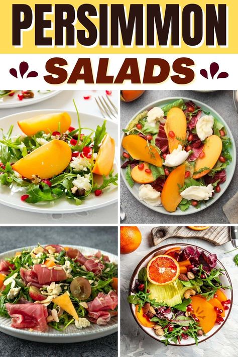 These persimmon salads are fresh, colorful, and so good! From arugula to fruits to kale, these combos are impossible to resist. Salad With Persimmons, Persimmon Salad Recipe, Barata Salad, Persimmon Salad, Salads Easy, Persimmon Recipes, Unique Salad, Fried Goat Cheese, Persimmon Fruit