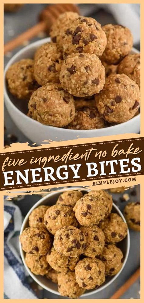 Five Ingredient No Bake Energy Bites, healthy snack ideas, healthy recipes Oatmeal Energy Bites, No Bake Energy, Peanut Butter Energy Balls, Protein Balls Recipes, Energy Bites Recipes, No Bake Energy Bites, Healthy Protein Snacks, Energy Ball Recipe, Lost 100 Pounds