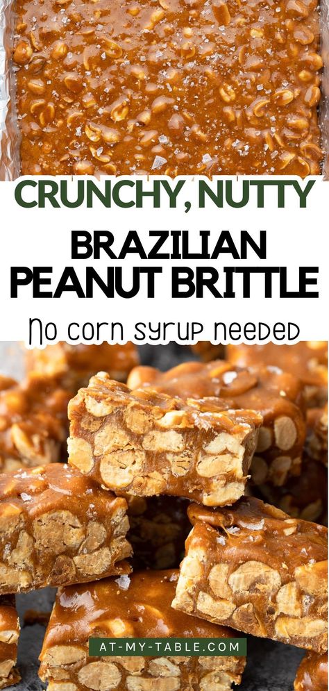 Craving a classic crunch without the corn syrup? This homemade peanut brittle is packed with caramelized sugar, roasted peanuts, and a pinch of salt for that perfect balance of flavor. Inspired by Brazilian Pé de Moleque, this candy offers a delightful texture and a rich nutty taste with each bite—plus, it’s naturally gluten-free! Simple ingredients, bold flavors, and no corn syrup needed. Peanut Brittle Recipe Easy No Corn Syrup, Peanut Crunch, Homemade Peanut Brittle, English Toffee Recipe, Peanut Brittle Recipe, Brazilian Desserts, Brittle Recipes, Peanut Candy, Toffee Recipe