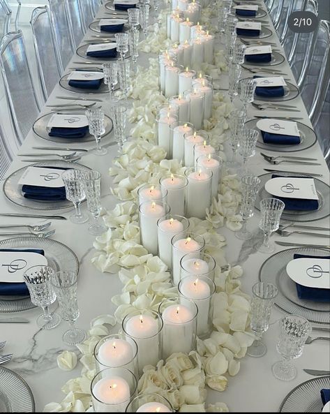 U Wedding Table, Long Table Wedding Tablescape, New Wedding Decor Ideas, Sweetheart Table Wedding With Candles, All White Engagement Party Decorations, Wedding In Restaurant Ideas, Silver Wedding Accents, Wedding Table Decorations With Candles, Modern Neutral Wedding Decor