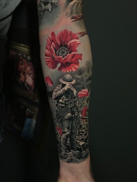 Poppy Tattoo Men, Anzac Tattoo, Poppy Tattoo Sleeve, Military Sleeve Tattoo, Holy Spirit Tattoo, Memorial Tattoo Designs, Revival Tattoo, Military Tattoo, Soldier Tattoo