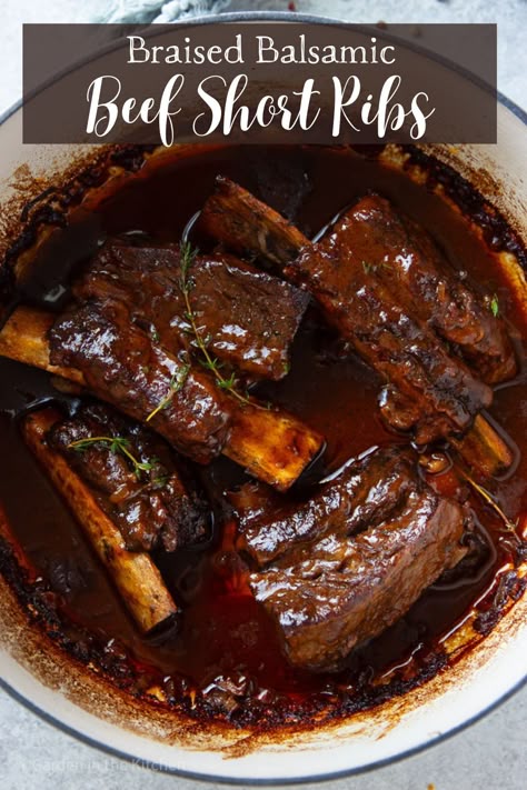 Tender juicy meat and caramelized onions make this recipe for Balsamic Braised Short Ribs perfect for a chilly evening. With just 20 minutes of hands on time, you can tackle the rest of your to-do list and enjoy this comforting and hearty dish a few hours later. Short Ribs Mushrooms, Braising Ribs, Short Rib Sauce, Balsamic Short Ribs, Chicken Mull, Short Ribs Dutch Oven, Unique Food Recipes, Oven Beef Stew, Dutch Oven Beef