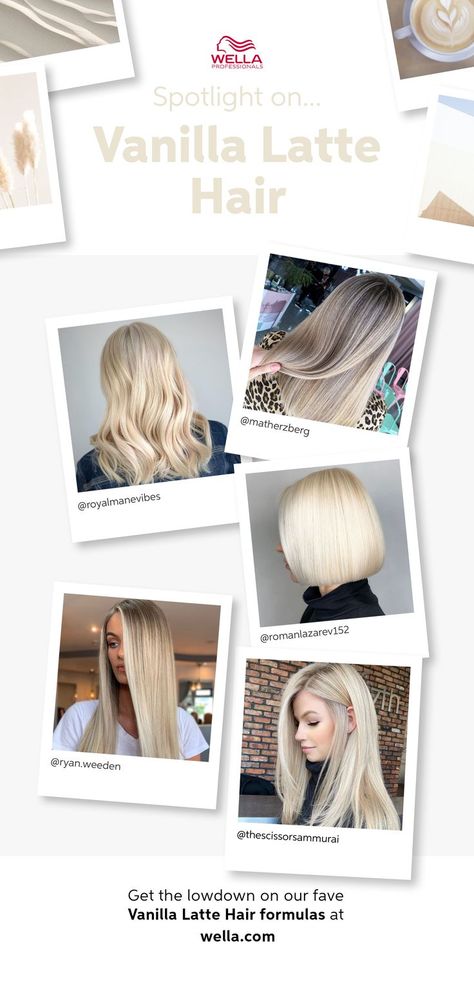 Creamy Blonde Hair, Latte Hair, Beige Blonde Hair Color, Vanilla Blonde, Beige Blonde Hair, Blonde Hair Colors, Pretty Mermaids, Hair Color Formulas, Creamy Blonde