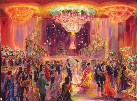 A fierce, fabulous, and glamorous Indian wedding full of life, energy, and rich colors.  Agnes captures this marvelous moment in a unique one-of-a-kind painting to be cherished for many years. Please visit www.eventpaintingbyagnes.com for more info. Indian Wedding Painting, Marriage Painting, Wedding Art Painting, Festival Paint, Dance Of India, Modern Indian Wedding, Cocktail Wedding Reception, Indian Marriage, Digital Invitations Wedding