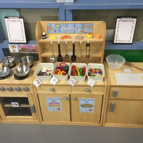 House Corner Activities Early Years, Kitchen Role Play Area Eyfs, Classroom Kitchen Center, Bakery Role Play, Cafe Role Play Area Eyfs, Cafe Role Play Area, Home Corner Ideas Early Years, Role Play Areas Eyfs, Preschool Room Layout