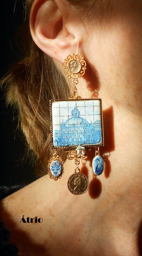 Portugal Antique AZULEJO Tile Replica Earrings- Great View of Lisbon 1700 pre-earthquake tsunami Medallions Coins Baroque Chandelier https://www.etsy.com/listing/266725287/portugal-antique-azulejo-tile-replica?ref=shop_home_active_23 Antique Earrings With Historical Design, Portugal Jewelry, Etruscan Jewelry Earrings, Replica Earrings, Baroque Chandelier, Antique Iberian Earrings, Portuguese Tile Earrings, Tile Jewelry, Ancient Roman Jewelry