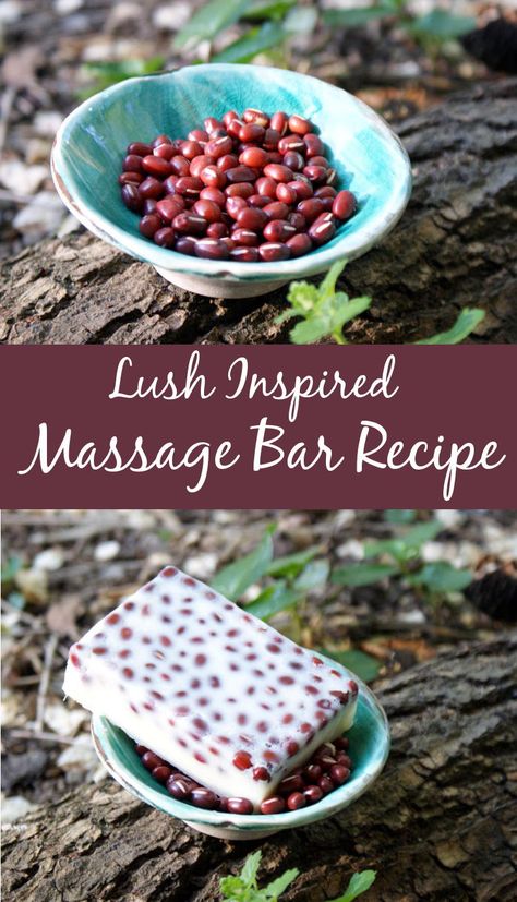 Sore muscle massage bar. Lush dupe massage bar for sore muscles with essential oils and massaging adzuki beans. A natural home remedy for sore muscle pain relief. This Lush inspired massage bar recipe is so easy to make and only requires a few simple ingredients to create your own massage bars at home! This DIY pain relief massage bar recipe was inspired by Lush's Wiccy Magic Muscles Massage Bar. #massagebar #painrelief #lushdupe Savon Diy, Massage Bar, Adzuki Beans, Massage Bars, Lush Products, Diy Kosmetik, Diy Scrub, Bar Recipe, Diy Beauty Recipes