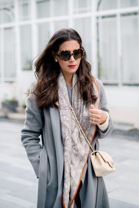 Grey Is The New Black | Shop Le Monde | Bloglovin’ Hermes Scarf Outfit, Silk Scarf Outfit, Pattern Scarf Silk, Winter Mode Outfits, Gray Coat, Silk Scarf Style, Classic Style Outfits, Head Scarf Styles, How To Wear A Scarf