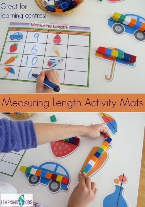 Printable Measuring Length Activity Mats.  Indirect measurement. Measuring Length Activities, Measurement Kindergarten, Measuring Length, Measurement Activities, Prek Math, Math Measurement, Activity Mat, Math Concepts, Preschool Math