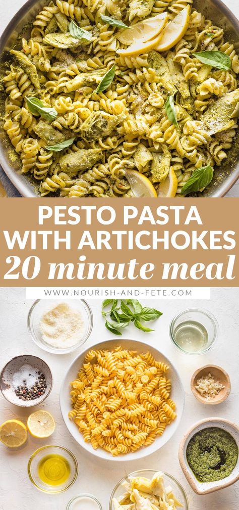 This fresh Pasta with Artichoke Hearts, pesto, and lemon is an elegant vegetarian meal that is packed with flavor. The light pesto cream sauce finishes off a well-balanced dish that is ready in just 25 minutes. Pesto Pasta With Artichokes, Heart Of Palm Pasta Recipes, Artichoke Pesto Recipe, Pasta With Artichoke Hearts, Lemon Pesto Pasta, Chicken Artichoke Pasta, Pesto Cream Sauce, Basil Pesto Pasta, Lemon Pesto