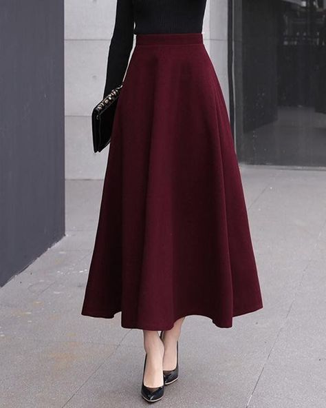 Burgundy best, navy maybeeee....questionable source though. Maroon Skirt, Classy Skirts, Long Skirt Outfits, Solid Skirt, Cheap Skirts, Elegant Skirt, Red Skirts, Cute Skirts, Mode Vintage