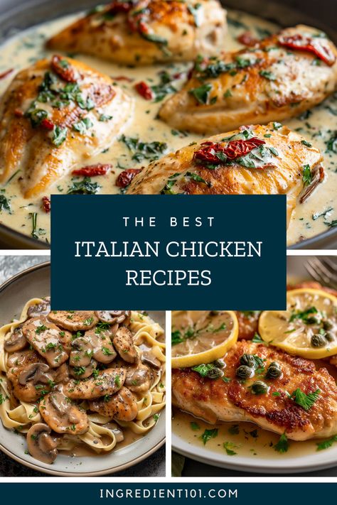 Indulge in the best Italian chicken recipes with these delicious and authentic dishes! From classic American Italian favorites like Chicken Parmigiana and Creamy Tuscan Chicken to authentic dishes like Chicken Cacciatore. Or, discover twists on classics like One Pan Baked Pesto Orzo with Chicken Meatballs and Chicken Arrabiata with Herb & Garlic Breadcrumbs. This collection of delicious Italian-style recipes with chicken is perfect for anyon who loves Italian cuisine! Make Ahead Italian Chicken Recipes, Best Italian Chicken Recipes, Italian Style Chicken Breast, Italian Chicken Dinner Recipes, Italian Chicken Stew, Italian Chicken Dishes Recipes, Italian Secondi Recipes, Comforting Chicken Recipes, Authentic Italian Chicken Recipes