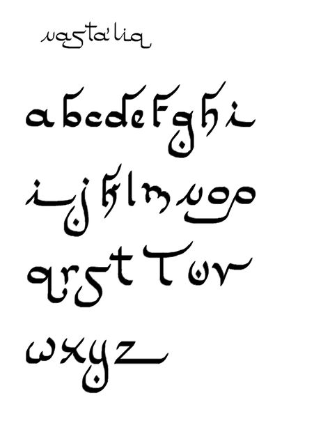 pseudo-Arabic alphabet (nastaliq) for embroidery, calligraphy, tiraz  (write this from right to left and no one will guess it's in English) Arabic Style Font, Embroidery Calligraphy, Ancient Graffiti, Alphabet Arabic, Font Arabic, Indian Font, Alfabet Font, Calligraphy Course, Calligraphy Fonts Alphabet