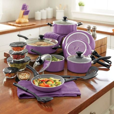 Ginny’s 24-Piece Essential Cookware Set, Essential Cookware, Convection Cooking, Purple Kitchen, Induction Stove, Kitchen Colour Schemes, Pots And Pans Sets, Sauteed Veggies, Kitchen Storage Solutions, Montgomery Ward