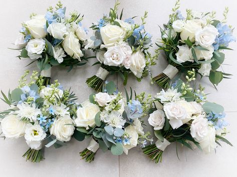 Blue Brides Bouquet, Wedding Bouquets Summer Blue, Wedding Bouquet Blue And White, Pastel Blue Bouquet, Pale Blue Wedding Bouquet, Wedding Bouquets Blue, Light Blue And White Bridesmaid Bouquet, Light Blue Flower Bouquet Prom, Blue Bridesmaids Pink Flowers