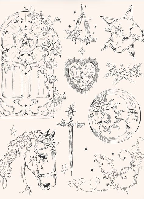 Astrology Ornamental Tattoo, Fairycore Graphic Design, How To Design Tattoos, Whimsical Chest Tattoo, Traceable Tattoo Designs, Vintage Star Tattoo, Ornamental Star Tattoo, Interactive Tattoo, Earth Angel Tattoo