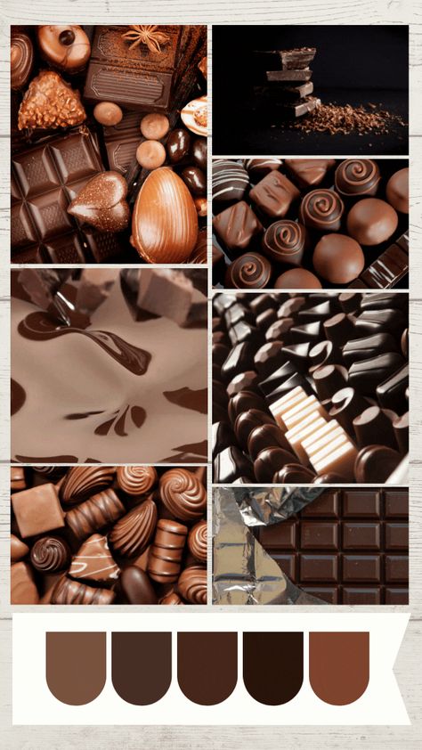 A moodboard and a colour scheme of chocolate. Chocolate Mood Board, Browncore Aesthetic, Chocolate Moodboard, Pancakes Aesthetic, Theme Board, Trousers Outfit, Moodboard Inspiration, Luxury Chocolate, Cd Art