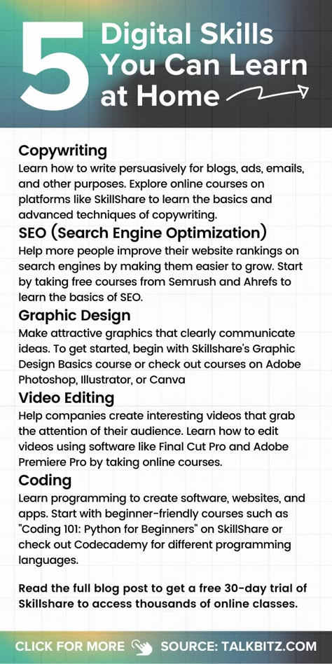 Discover the best digital skills to learn at home in 2024! From copywriting to coding, unlock new opportunities and elevate your career. Ready to get started? Read this blog post. #DigitalSkills #LearnFromHome #SkillstoLearn Skills To Learn At Home, Useful Skills To Learn, New Skills To Learn, Free Learning Websites, Skill To Learn, Things To Learn, Digital Skills, Secret Websites, Study Tips For Students