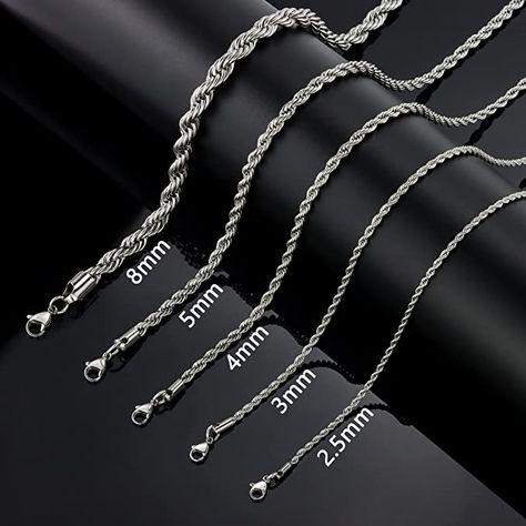 Amazon.com: HolyFast Twist Chain Necklace 4mm 30Inches - Stainless Steel Rope Jewelry for Men & Women: Clothing, Shoes & Jewelry Silver Jewelry Men, Chain Necklace Men, Twisted Chain, Silver Chain For Men, Rope Jewelry, Mens Silver Necklace, Silver Chains, Jewelry For Men, Trendy Necklaces