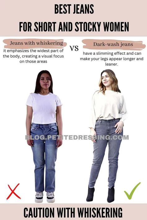 The Jeans Guide for Short and Stocky Women Jeans For Short Curvy Women, Dark Wash Jeans Outfit, Jeans For Short Legs, Jeans For Short, Jeans Guide, Petite Dressing, Short Person, Highwaist Jeans, Petite Clothing