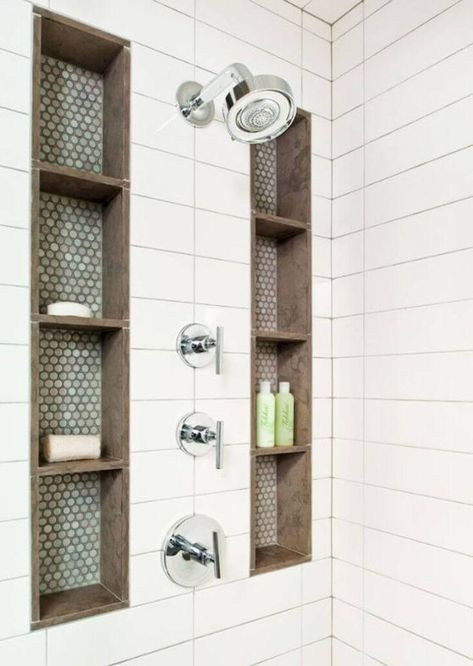 25 Best Built-in Bathroom Shelf and Storage Ideas for 2024 Shower Remodel With Shelves, Built Shower Shelf, Shower Shelf Built In, Walk In Shower Shelf Ideas, Shampoo Storage Ideas, Shower With Built In Shelves, Unique Bathroom Storage Ideas, Bathroom Shampoo Storage Ideas, Shelf In Shower Wall