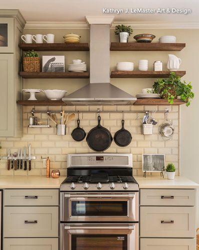 Floating shelves around hood vent. And love the wood color. Kitchen Narrow, Dapur Rustic, Kitchen Long, Narrow Kitchen, Kabinet Dapur, Kitchen Black, Farmhouse Kitchen Cabinets, Farmhouse Kitchen Design, Rustic Farmhouse Kitchen