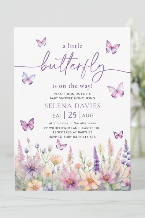 Charming butterfly-themed baby shower invitation adorned with delicate illustrations, ideal for welcoming a little one. Baby Shower Butterfly Invitations, A Little Butterfly Is On Her Way Theme, Pink And Purple Baby Shower Ideas, Purple Butterfly Baby Shower Theme, Butterfly Theme Baby Shower Ideas, Baby Shower Butterfly Theme, Butterfly Baby Shower Ideas, Purple Baby Shower Theme, Flower Baby Shower Theme