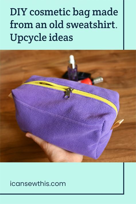 This purple fleece bag is roomy enough to fit all my and my family’s products. I think this may be my favorite sweatshirt upcycling idea, so far! It makes a great makeup organizer, perfect for travel. What can you make with an old sweatshirt? As it turns out, quite a lot. Here are all my DIY sweatshirt upcycle ideas. #sewing Fleece Bags Diy, Old Sweatshirt Ideas, Fleece Diy, Sweatshirt Upcycle, Fleece Bag, Cosmetic Bags Diy, Cloth Backpack, Old Sweatshirt, Great Makeup