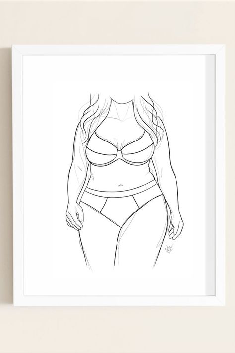 Beautiful plus size body in lingerie, blakc line art drawing, minimal decor, printable wall art. #bodypositive #plussize #minimalism Plus Size Drawing Sketches, Plus Size Body Sketch, Plus Size Outline Tattoo, Chubby Body Drawing, Curvy Body Drawing, Plus Size Line Drawing, Plus Size Silhouette Tattoo, Plus Size Body Drawing, Chubby Face Drawing