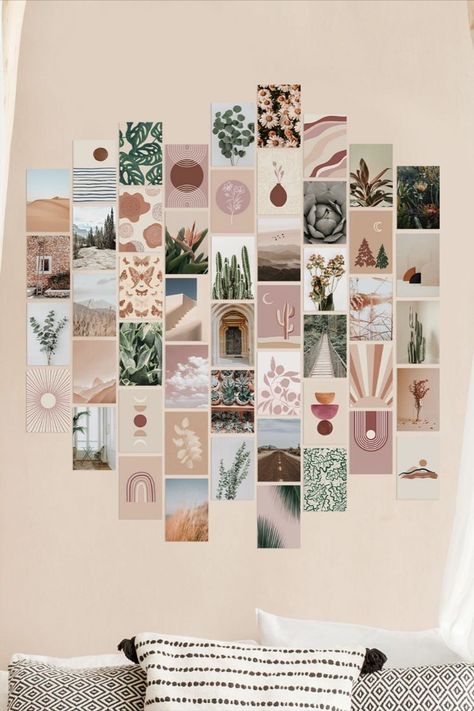 Pinterest Wall Decor Ideas, Aesthetic Wall In Room, Wall Collage Kit Ideas, Wall With Pictures Aesthetic, Wall Decor Ideas For Bedroom Aesthetic, Wall Collage Set Up, Aesthetic Photo Wall Ideas, Boho Photo Collage Wall, Bedroom Wall Picture Ideas