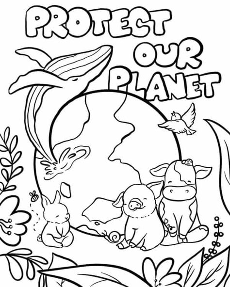 Coloring page Earth Day drawing with bubble letters that spell "Protect Our Planet" and cartoon animals surrounding Earth. Nature And Animals Drawing, Save Our Planet Drawings, Save Our Earth Drawing, Saving The Planet Aesthetic, Cartoon Composition, Animal Protection Poster Drawing, Coloring Ideas Aesthetic, Save Animals Poster Drawing, Our Earth