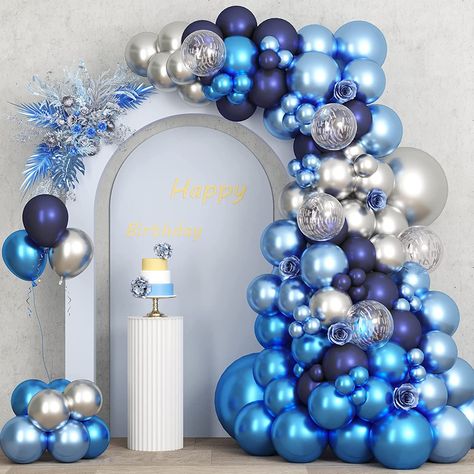 #blueballoons #navyballoons #garlandarch #silverballoons #birthday #graduation #babyshower #decoration #party Confetti Balloon Gender Reveal, Ocean Theme Party, Camping Theme Party, Party Girlande, 30 Birthday, Silver Balloon, Metallic Balloons, Balloon Kit, Party Garland