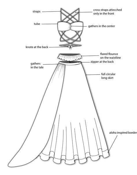 short blouse attached with strings and has long skirt along with tale Saree Blouse Flat Sketch, Saree Flat Sketch, Long Skirt Sketch, Long Skirt Drawing, Blouse Flat Sketch, Sketch Digital Art, Technique Drawing, Frock Pattern, Long Skirt And Top