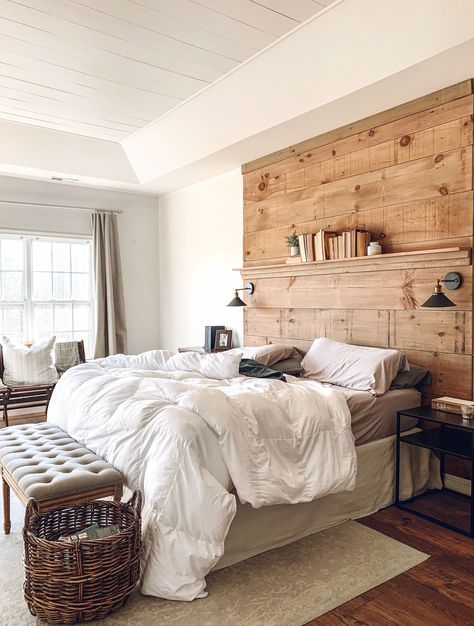 Shiplap Ceiling | $100 diy projects Shiplap Bedroom, Shiplap Ceiling, Bedroom Design Trends, Small Bedroom Designs, Bedroom Accent, Accent Wall Bedroom, Modern Bedroom Design, Remodel Bedroom, Master Bedrooms Decor