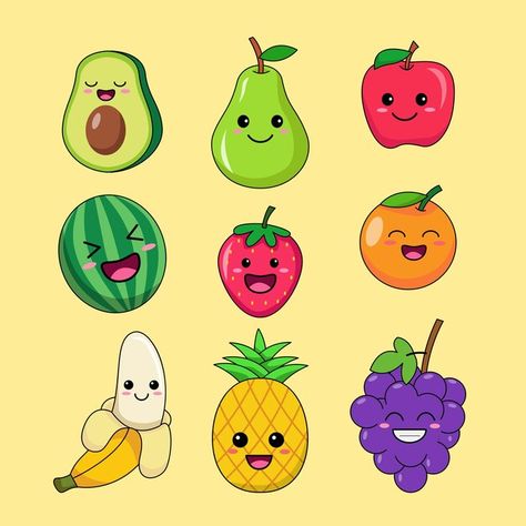 Cute fruit doodle vector wallpaper icon ... | Premium Vector #Freepik #vector Fruits Cartoon, Cartoon Fruits Drawing, Fruit Character Design, Fruit Vector Art, Cute Fruit And Vegetables Illustration, Vector Fruit Illustration, Fruit Doodle, Fruit Vector, Fruits Drawing