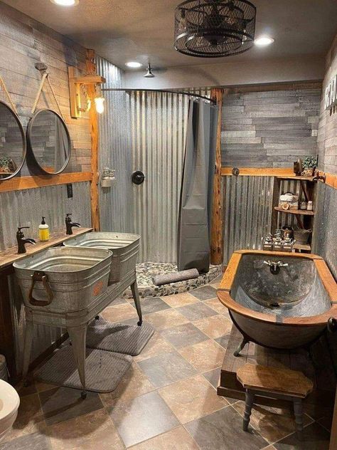 Hunting Camp Bathroom Ideas, Western Bathroom Ideas Farmhouse, Cowboy Bathroom Ideas, Tin Shower Walls Rustic Bathrooms, Tin Shower Walls, Western Style Bathroom, Western Bathroom Ideas, Rustic Spa, Ranch Bathroom