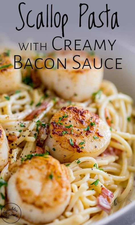 Scallop And Bacon Recipes, Creamy Scallops And Pasta, Seared Scallops And Pasta, Scallop Pasta White Wine Garlic Butter, Scallops And Pasta Recipe, Creamy Scallops, Seafood Shells, Scallops With Bacon, Cooking Scallops