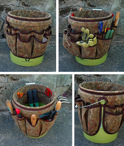 Bucket Apron for Gardening Tools | Flickr - Photo Sharing!Nice design! Gardening Bucket Caddy Diy, Garden Buckets, Hand Cultivator, Repotting Plants, Paint Guide, Tool Apron, Screw Drivers, Kneeling Pad, Tool Tote