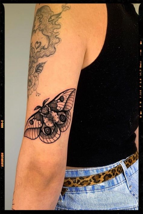 Upper Arm Moth Tattoo, Moth Tattoo Arm Placement, Moth Placement Tattoo, Moth Tattoo Elbow Bend, Moth Tattoos For Women Arm, Eclectic Sleeve Tattoo, Moth Coverup Tattoo, Floral Moth Tattoo Sleeve, Moth Calf Tattoo