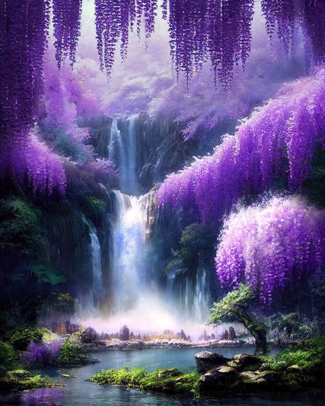 Magical Lake Aesthetic, Wisteria Fantasy Art, Purple Aesthetic Fantasy World, Magical Lake Art, Purple Waterfall Painting, Mythical Places Art, Magical Scenery Art, Magic Lake Fantasy Art, Fantasy Magical Forest