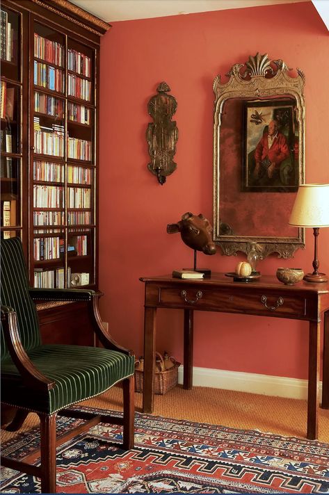 Coral Paint Colors, Another misunderstood Color - Laurel Home Red Study Room, Coral Paint Colors, Coral Living Rooms, Coral Paint, Red Interior Design, Red Living Room, The Bfg, Red Office, Orange Rooms