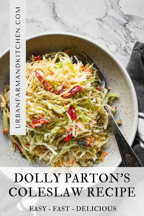 Coleslaw in a bowl with a fork. Dolly Parton Coleslaw Recipe, Pickle Coleslaw Recipe, Dill Pickle Coleslaw Recipe, Dolly Parton 3 Bean Salad, Dill Pickle Slaw, Dill Coleslaw Recipe, Summer Coleslaw Recipe, One Bowl Recipes, Southern Coleslaw Recipe