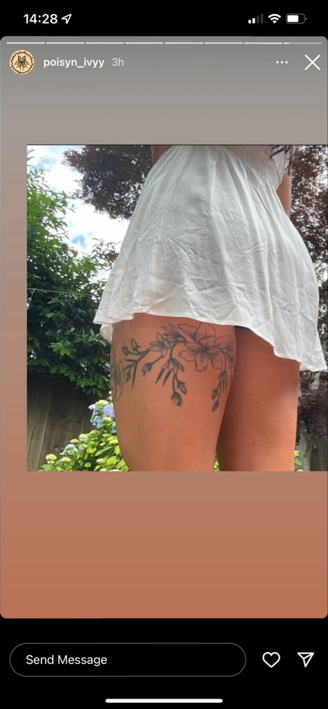 Lovvveee this placement so cute Flower Thigh Band Tattoo, Ethereal Tattoos Thigh, Leg Wrap Tattoos Women, Upper Thigh Wrap Around Tattoo, Wrap Around Thigh Tattoo Women, Behind The Thigh Tattoos For Women, Wrap Around Tattoo Thigh, Thigh Tattoos Women Wrap Around, Thigh Band Tattoo Women