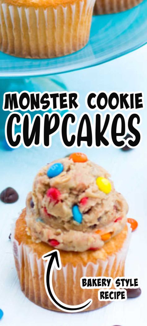 Cupcakes are a favorite thing in our house and these monster cookie dough cupcakes are at the top of the favorite list! Homemade cupcakes topped with monster cookie dough frosting, gives the perfect combination of flavors! Monster Cookie Frosting, Monster Cookie Cupcakes, Mnm Cupcakes, Monster Cookie Dough Cupcakes, Cookie Dough Cupcakes Recipe, Homemade Vanilla Cupcakes, Monster Cookie Dough, Cookie Cupcakes, Cupcakes Homemade