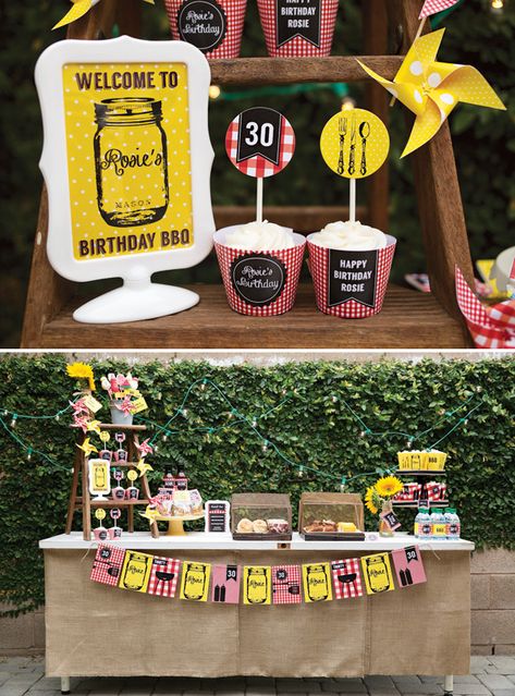 Rustic Backyard 30th Birthday Barbecue {Summer Grilling} Bae Birthday, Birthday Barbecue, Bbq Decor, Lights Backdrop, Bbq Decorations, Bbq Birthday, Barbeque Party, Biscuit Bar, 16 Candles