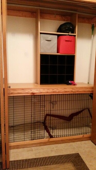 I like the shelves above the kennel so that you know whose stuff is who. But for a kennel business the actual kennel is too small. Dog Kennels In Closet, Closet With Dog Crate, Closet Kennel Ideas, Dog Crate In Closet, Dog Kennel Closet, Dog Kennel In Closet, Closet Dog Crate, Closet Dog Kennel, Closet Dog Room