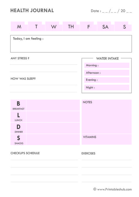 Let's talk health! Let's start with a health journal. How about that? Download your free printable health and diet journal pdf from Printableshub. This printable is a simple layout template of a health journal. The design is as such to make it easy to keep a track of your health on daily basis #healthjournal #dailyhealthjournal #printablehealthjournal #printabledietjournal #healthprintables #healthjournalideas #healthjournaltracker #healthjournaltemplates #fooddiary #printablehealthtracker Daily Journal Layout Free Printables, Health Journal Templates, Busy Mom Planner, Ipad Template, Food Journal Template, Health Diary, Journal Format, Diet Journal, Track Your Progress