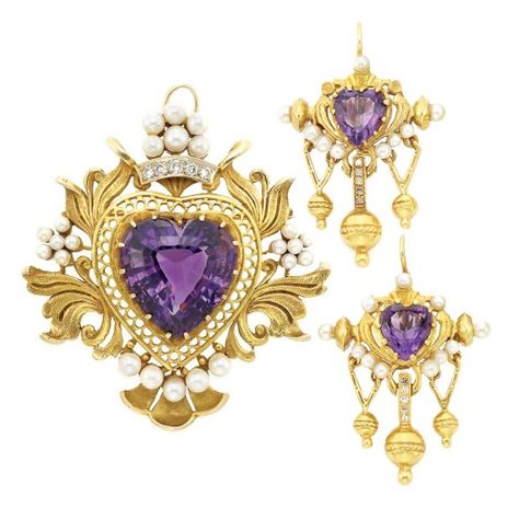 Pendant and Earrings  1900s Edwardian Jewelry, That Dress, Antique Gold Jewelry, Jewelry Sale, Gold Brooch, Purple Jewelry, Large Heart, Diamond Brooch, Earrings Large