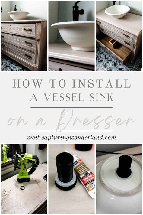 Using a dresser as a bathroom vanity is beautiful and unique. I assumed this project was going to be complicated and much more technical than it turned out to be. In this quick tutorial, I show you how easy it is to install a vessel sink on a dresser in 4 simple steps. It's so easy literally anyone can do it. The best part is because this process is so simple installing a vessel sink on any solid surface is completely within your grasp. #diybathroomvanity #vesselsink #uniquebathroomsink Dresser With Vessel Sink, Diy Dresser Sink, Vessel Sink Bathroom Farmhouse, Diy Vessel Sink Vanity, Diy Bowl Sink, Vessel Sink Diy, Diy Vessel Sink, Upcycled Bathroom Vanity, Diy Sink Vanity