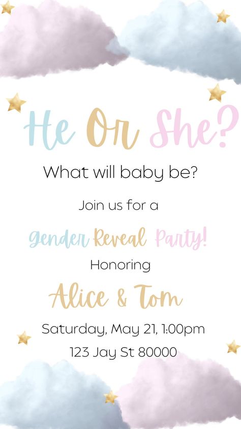 Cloud Theme Gender Reveal Invitation, Cloud Gender Reveal Invitation, What Cloud It Be Gender Reveal, Gender Reveal Cloud Theme, Cloud Gender Reveal Ideas, Clouds Gender Reveal, Cloud Gender Reveal, Gender Reveal Invitation Ideas, Cloud Gender